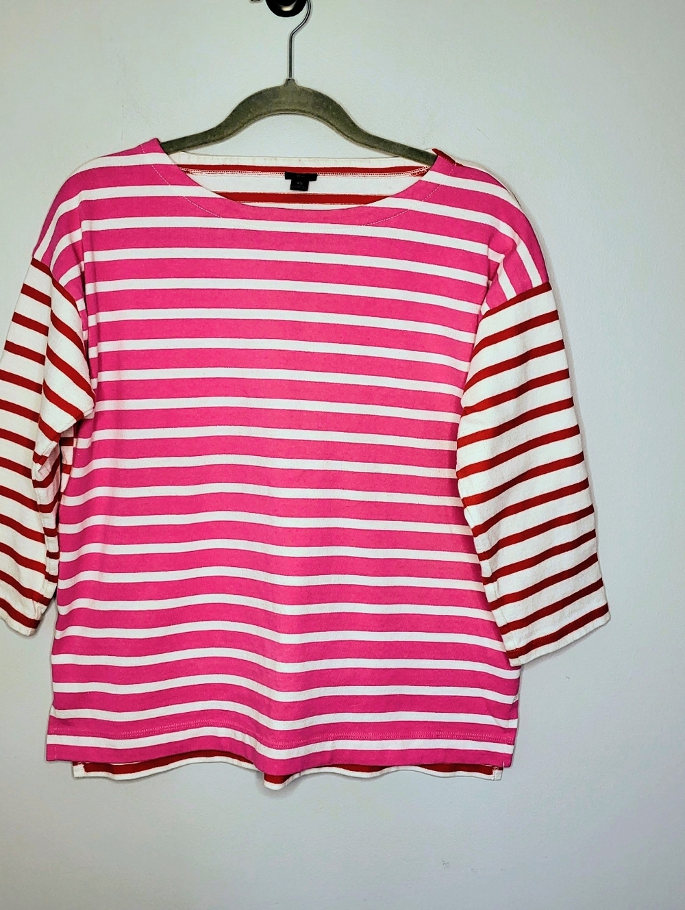 J.Crew Pink Red White Stripe Boxy Boatneck Top XS Relaxed Preppy Coastal